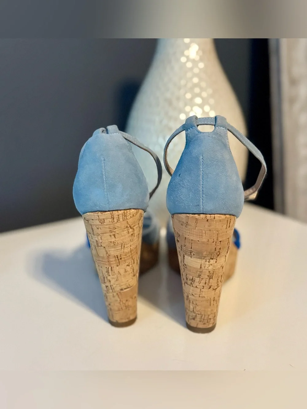 L.K. Bennett Suede Blue Strappy Wedge Sandal Shies. Brand New. Size 39.5 US 8